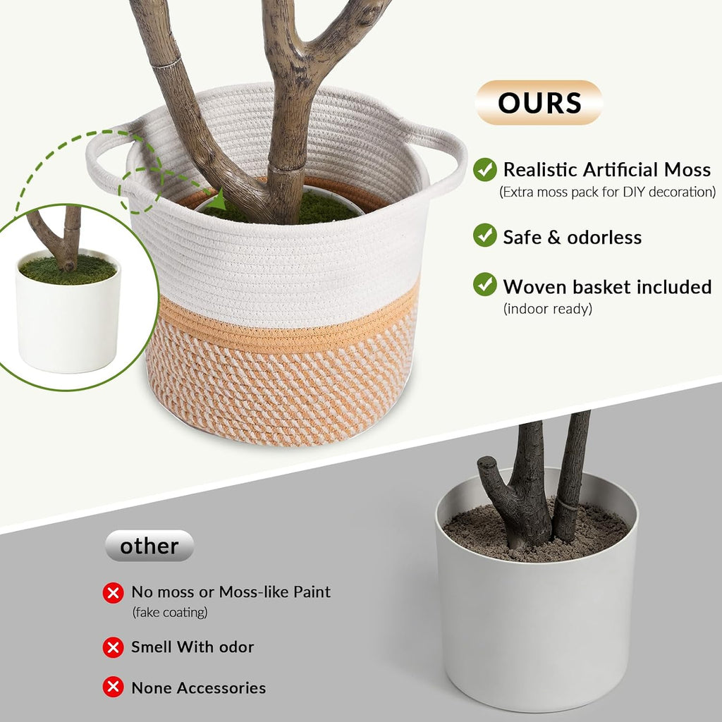 Olive Trees Artificial Indoor, 6FT Tall Faux Olive Tree with Planter & Basket, Artificial Plants with Natural Wood
