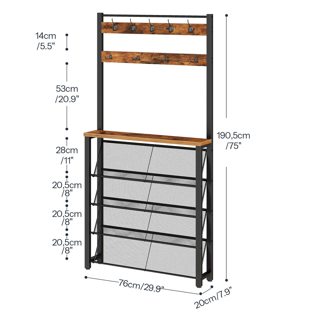 Hall Tree with Bench, Narrow Shoe Rack with Coat Rack, Coat Rack with Shoe Storage, 5 Tier Slanted Shoe Storage