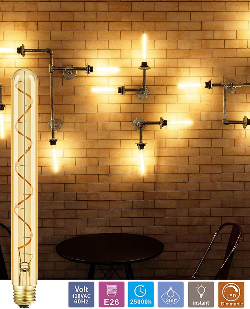 Vintage LED Spiral Filament Bulb T10, 11.8inch Long Tubular Dimmable Edison Light Bulbs,E26 Base,Amber Glass,Warm