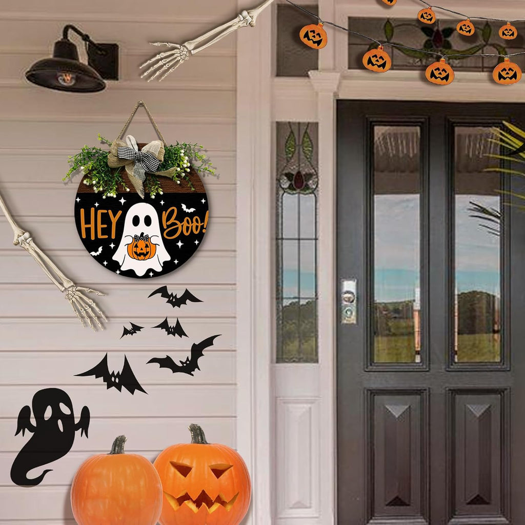 Halloween Hey Boo Door Sign Outdoor Decor Ghost Pumpkin Door Wreath Front Door Hanger Holiday Wooden Signs Outdoor