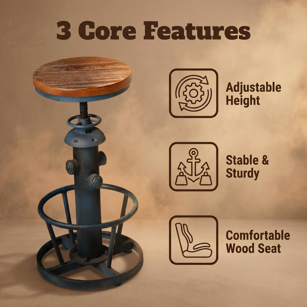 Industrial Vintage Fire Hydrant Bar Stool, Height Adjustable Swivel Counter Stool with Solid Wood Seat, Distressed