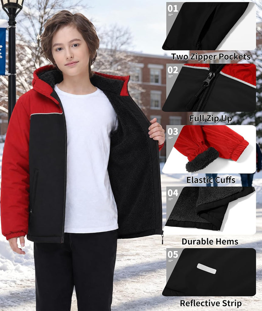 Boys Girls Fleece Waterproof Jackets Sherpa Lined Hoodies Zip Up