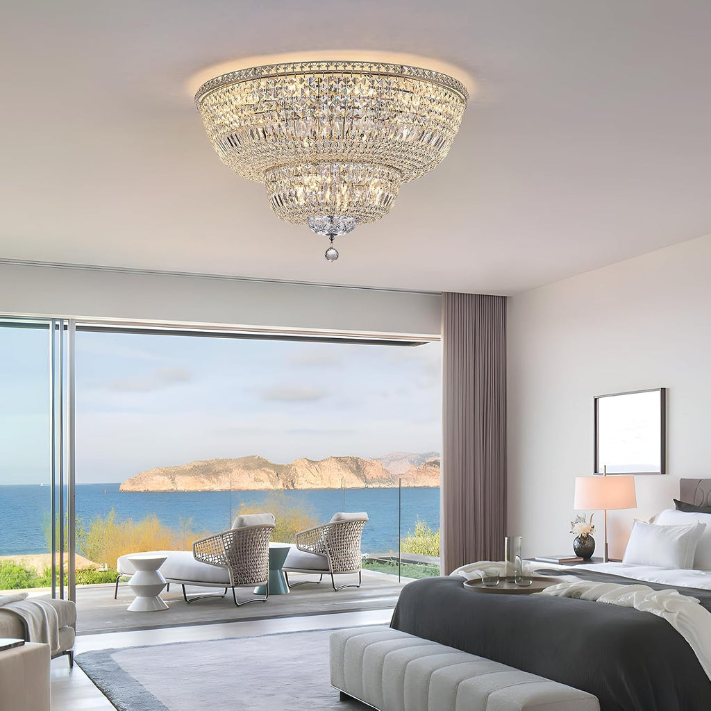 16-Light Modern Crystal Chandelier, 32" Chrome Flush Mount Ceiling Light, Round Tiered Crystal Ceiling Fixture