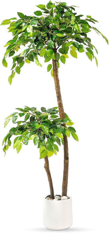 4FT Artificial Ficus Tree with White Planter, Moss and Pebbles