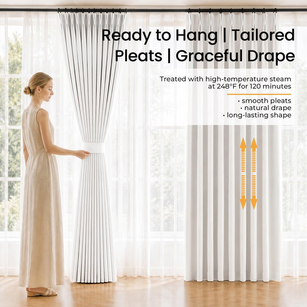 120 Inches Floor to Ceiling Blackout Curtains Pleated High Temperature Trained Linen Drapes for Sliding Glass Door