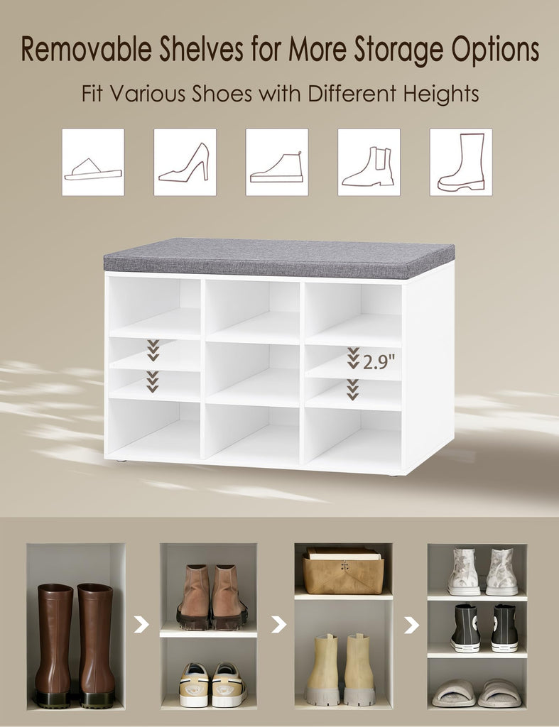 Shoe Storage Bench with Cushion, 31.5" Cubby Shoe Rack, 9 Cubbies