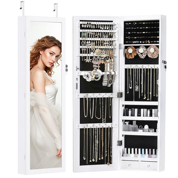 Jewelry Organizer Cabinet, Wall or Door Mounted 47.2-Inch Lockable Jewelry Armoire with Full-Length Mirror, 6 LEDs