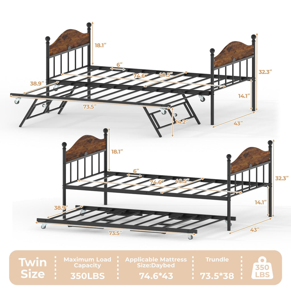 Twin Daybed with Trundle, Twin Bed Frame with with Stylish Headboard, Heavy Duty Steel Slats Platform, Brown