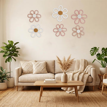 6 Pcs Boho Nursery Decor Daisy with Hooks 3 Size Daisy Flower Wall Decor Bohemian Nursery Decorations Flower Woven