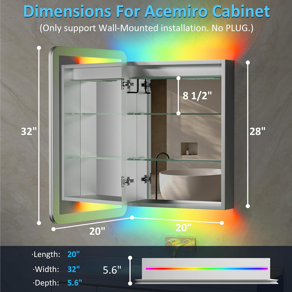 20×32 Inch Lighted Medicine Cabinet with Mirror, LED Medicine Cabinet with RGB Lights, Multicolor Backlit Mirror with