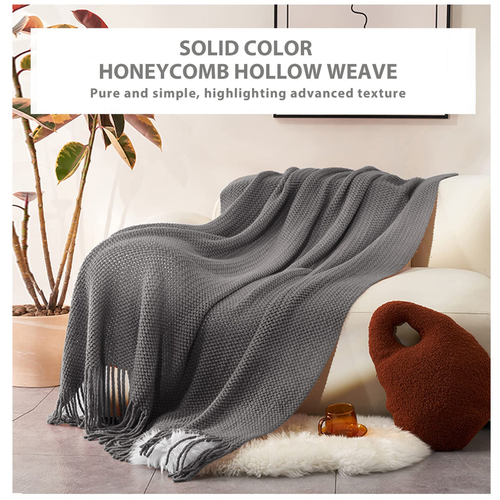 Knitted Throw Blanket with Tassel Breathable Cellular Blanket Nordic Style Soft Cozy Couch Cover Decorative Blanket