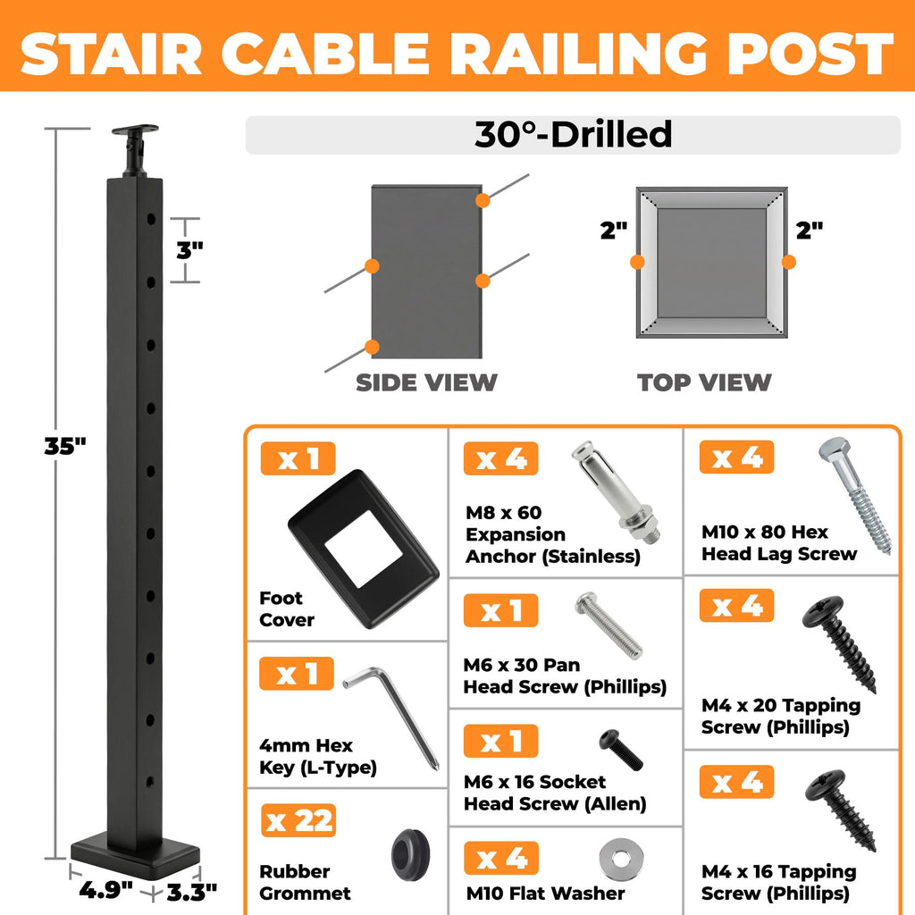 36IN Cable Railing Stair Post 30°Angled