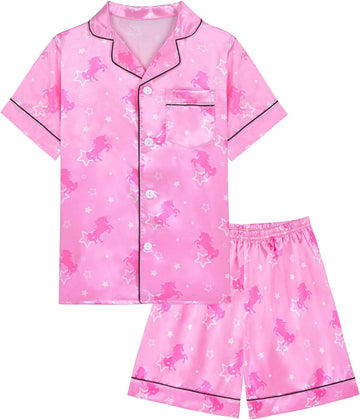 Kids Girls Pajama Set Silky PJS Button-Down Sleepwear Nightwear Loungewear Clothes Set Gifts