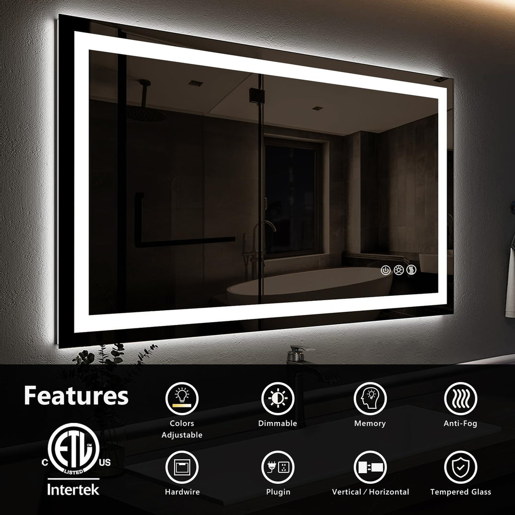36x28 Inches LED Bathroom Mirror with Lights, Vanity Mirror with Front and Backlight, Smart Dimmable Anti-Fog LED