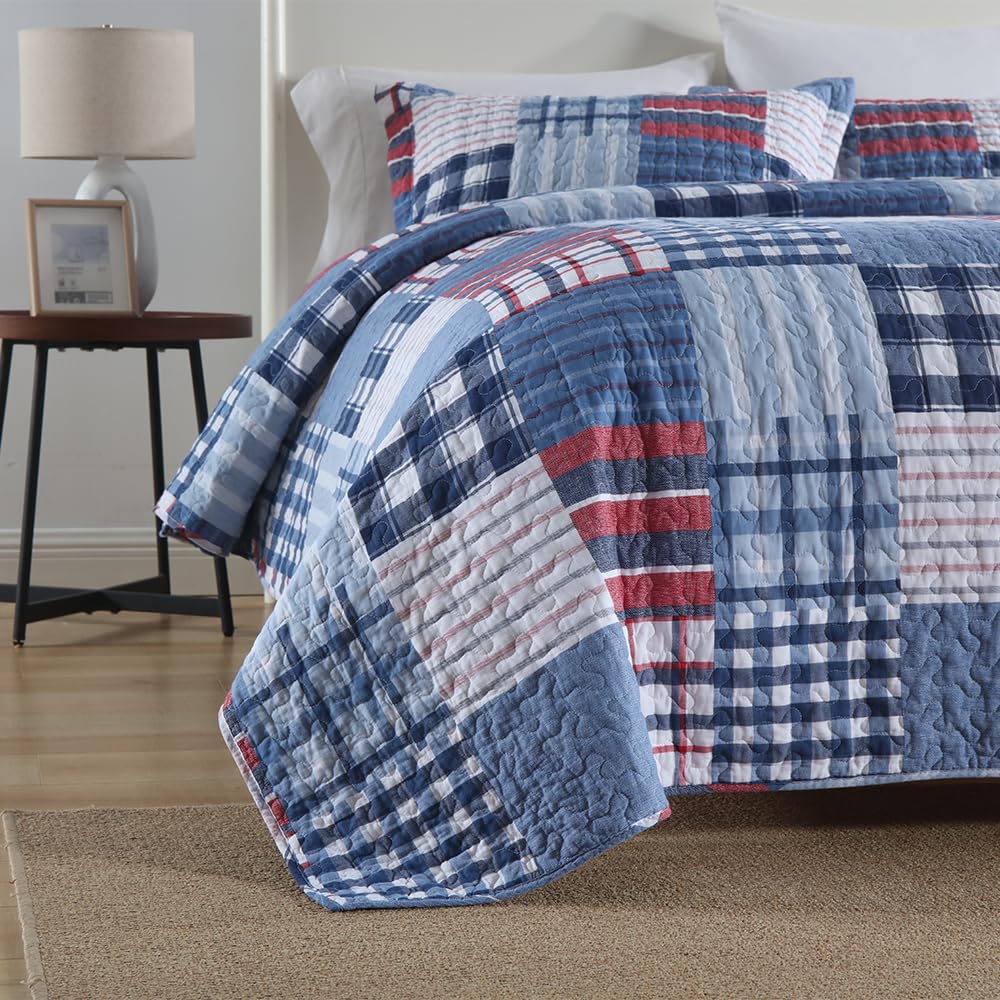 Cotton Bedding Quilt Sets, Soft Reversible Coverlet Sets All Season Blue Bedspread, Plaid Patchwork