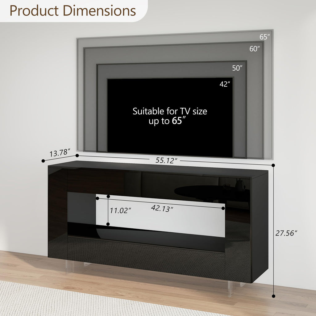 65" TV Stand with 2 Drawers & Hidden Storage Cabinets, High Gloss Black
