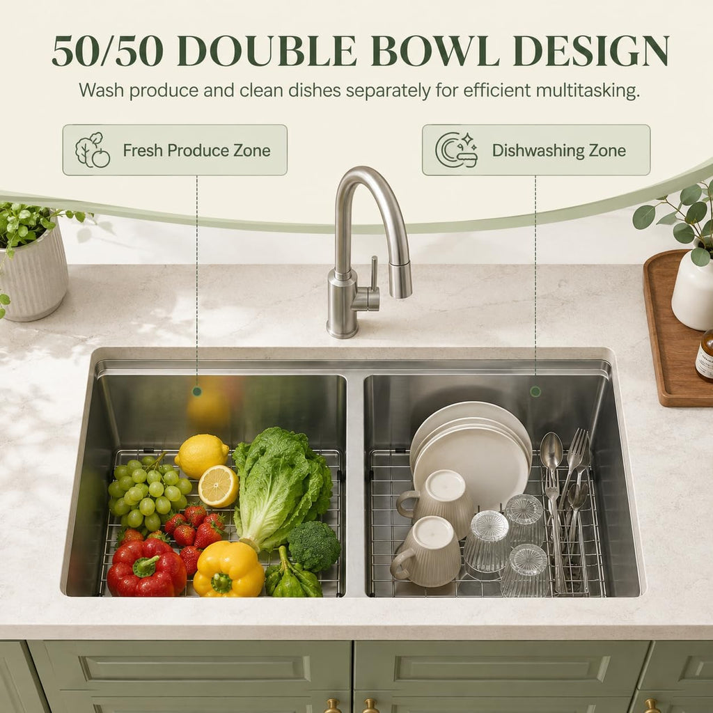 30''x18'' Double Bowl Undermount Kitchen Sink, T304 Stainless Steel 50/50 Workstation Sinks with 10'' Deep Basins &