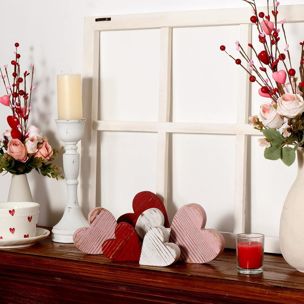 Valentines Day Tiered Tray Decor: Red Pink White Rustic Distressed Wood Heart Table Decorations Sign, Vintage - Set of 6