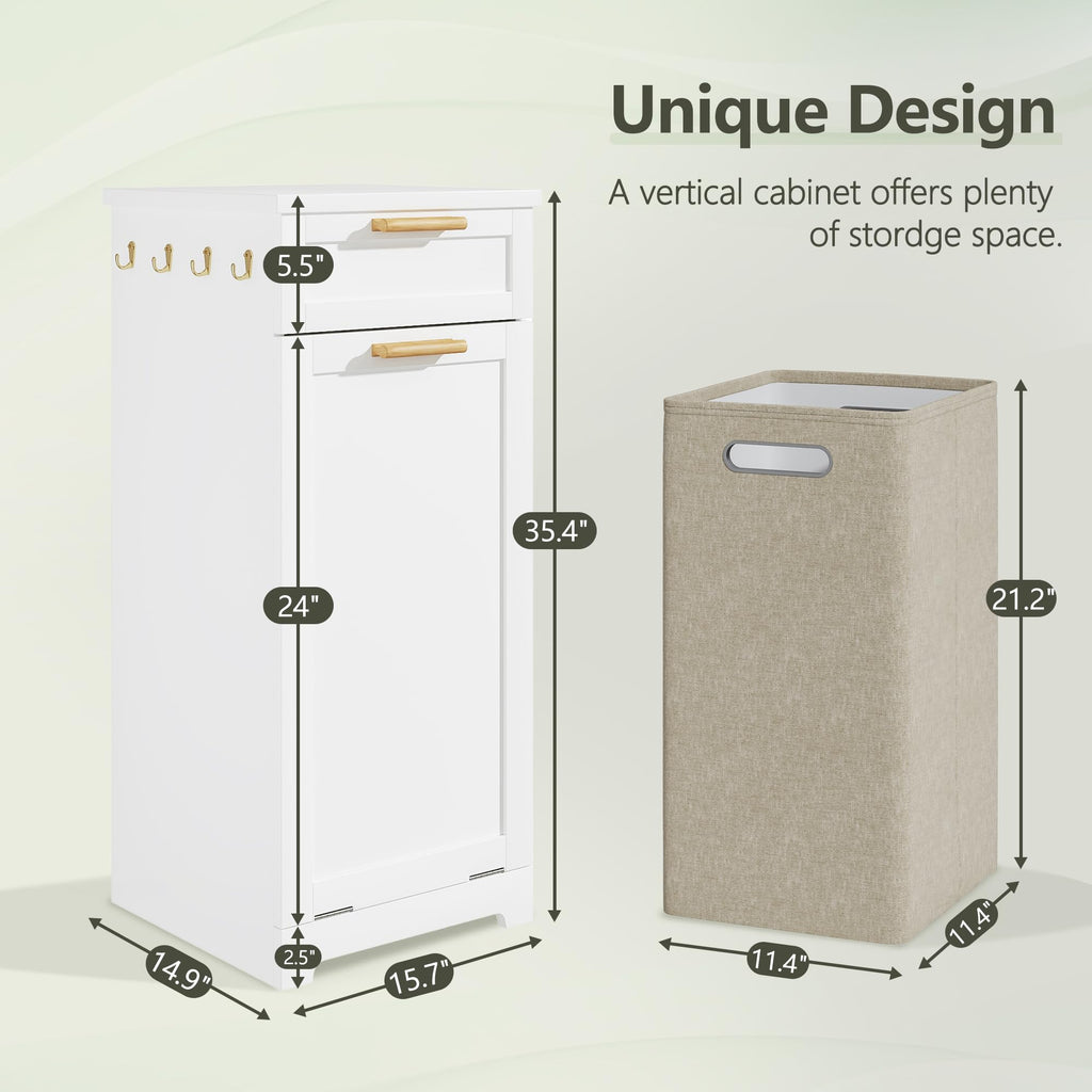 Tilt Out Laundry Hamper, 35" Bathroom Cabinet with Hidden Removable Basket, 1 Drawer and 4 Side Hooks for Storage