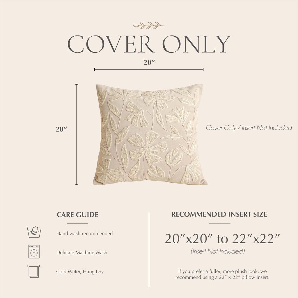Decorative Throw Pillow Cover 20x20, Beige Neutral Velvet Accent Cushion Cover for Couch Sofa Living Room, Floral