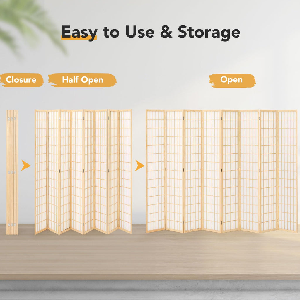 6ft Japanese Room Divider Wall, 8-Panel Shoji Privacy Screen 138" W