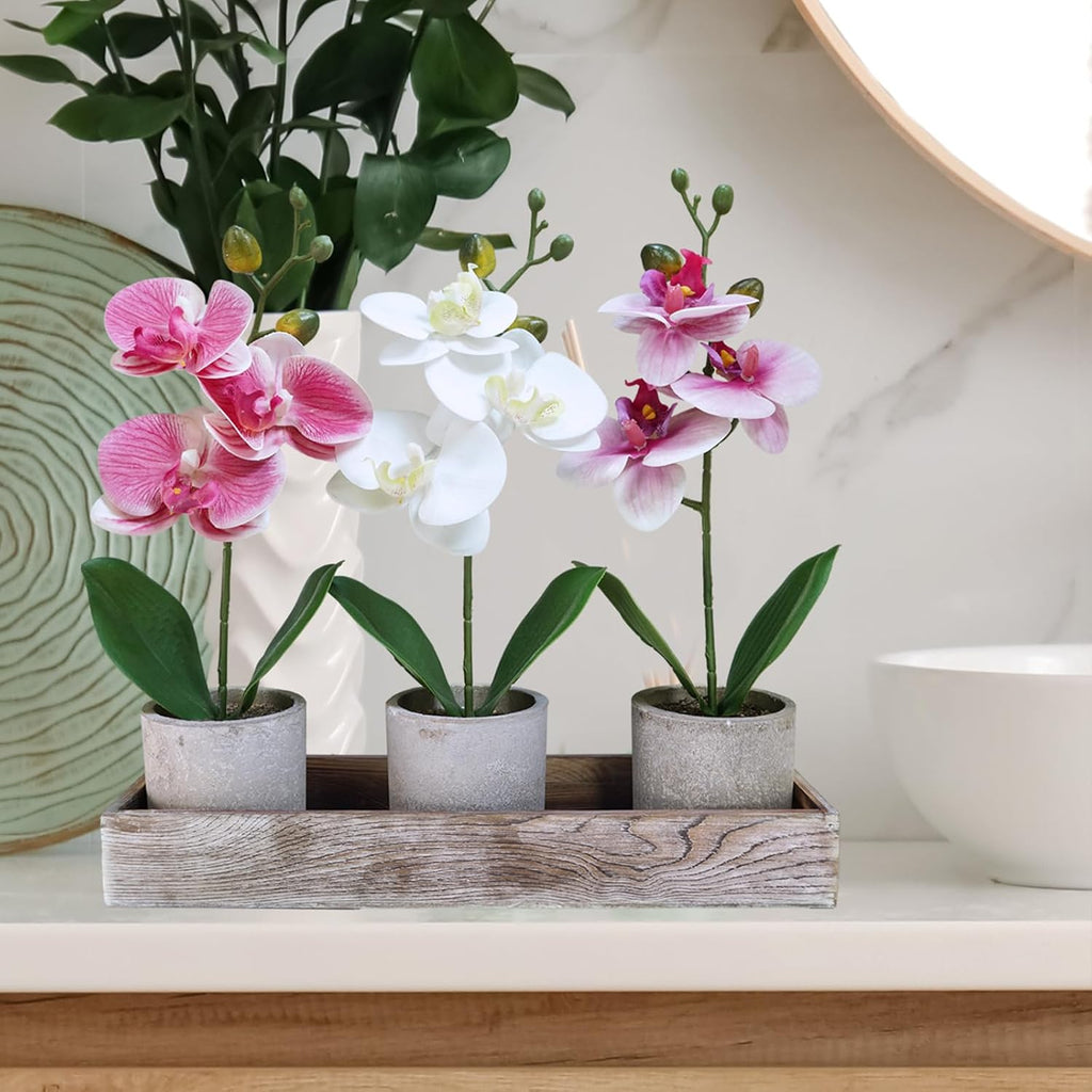 Small Artificial Orchid Potted Plants Arrangement with Rustic Wood Planter Box Real Touch Faux Phalaenopsis - Set of 3