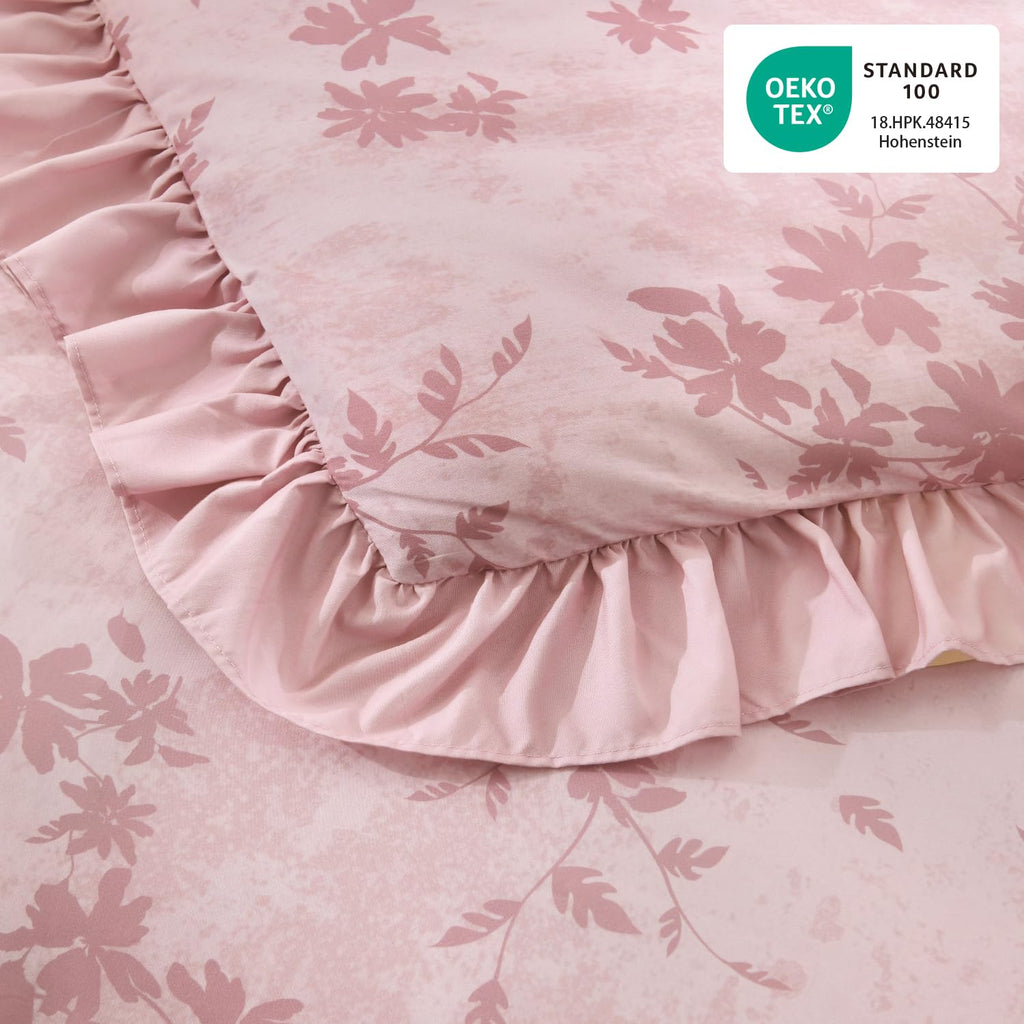 Comforter Set, 3 Pieces Grey Pink Floral Ruffle Bedding Set