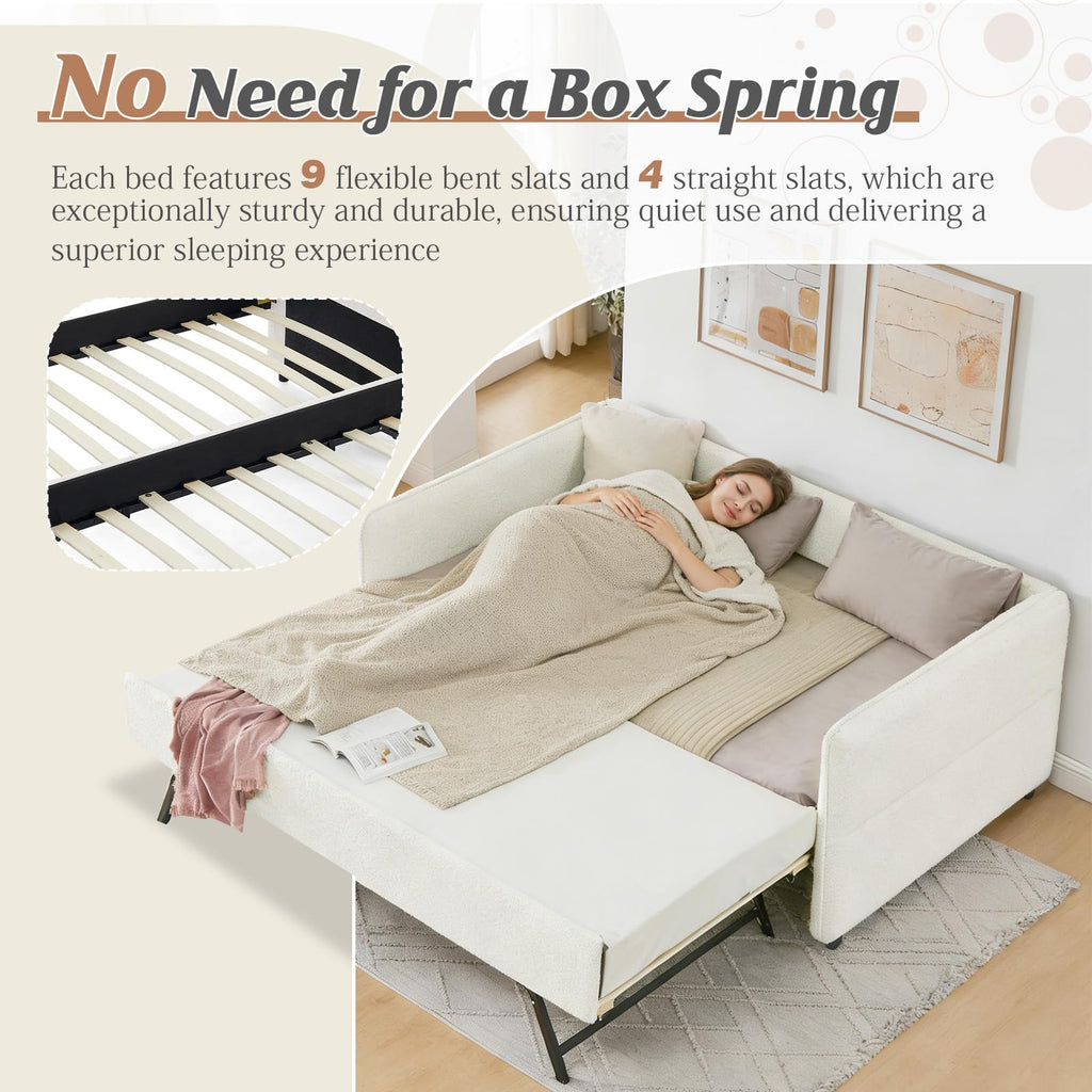 Twin Size Daybed, Upholstered Boucle Fabric Day Bed Frame with Twin Roll-Out Trundle and Wood Slats Support, No Box