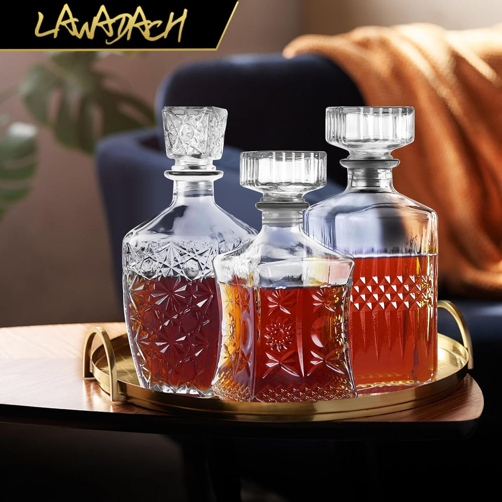 Glass Whiskey Decanter Set, Alcohol Bottle Gift for Men Dad Home Bar - Set of 3
