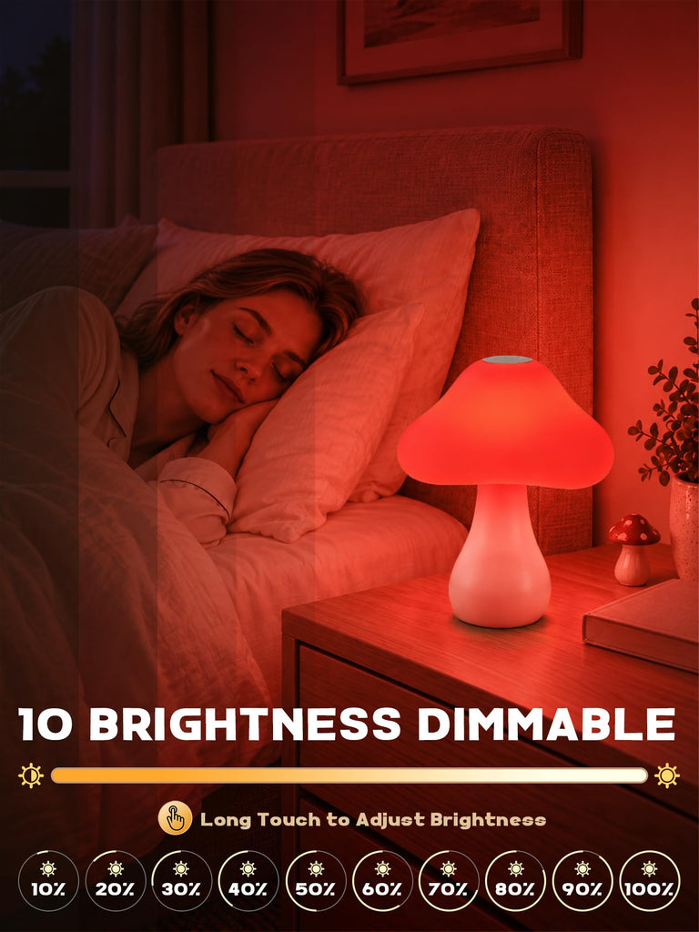 Mushroom Lamp, 10 Colors RGB+10 Brightness Rechargeable Bedside Table Lamp