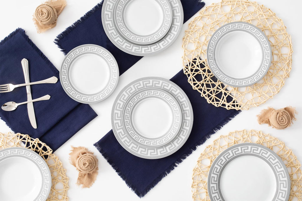 Porcelain Dinnerware Set for 4-12 Piece, Elegant Meander Silver
