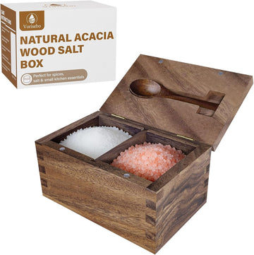 Salt Cellar with Lid & Spoon, Acacia Wood Salt Container, Salt Holder