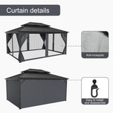 12x16FT Gazebo Hardtop Double Roof Canopy with Netting and Curtains,Outdoor Gazebo 2-Tier Hardtop Galvanized Iron