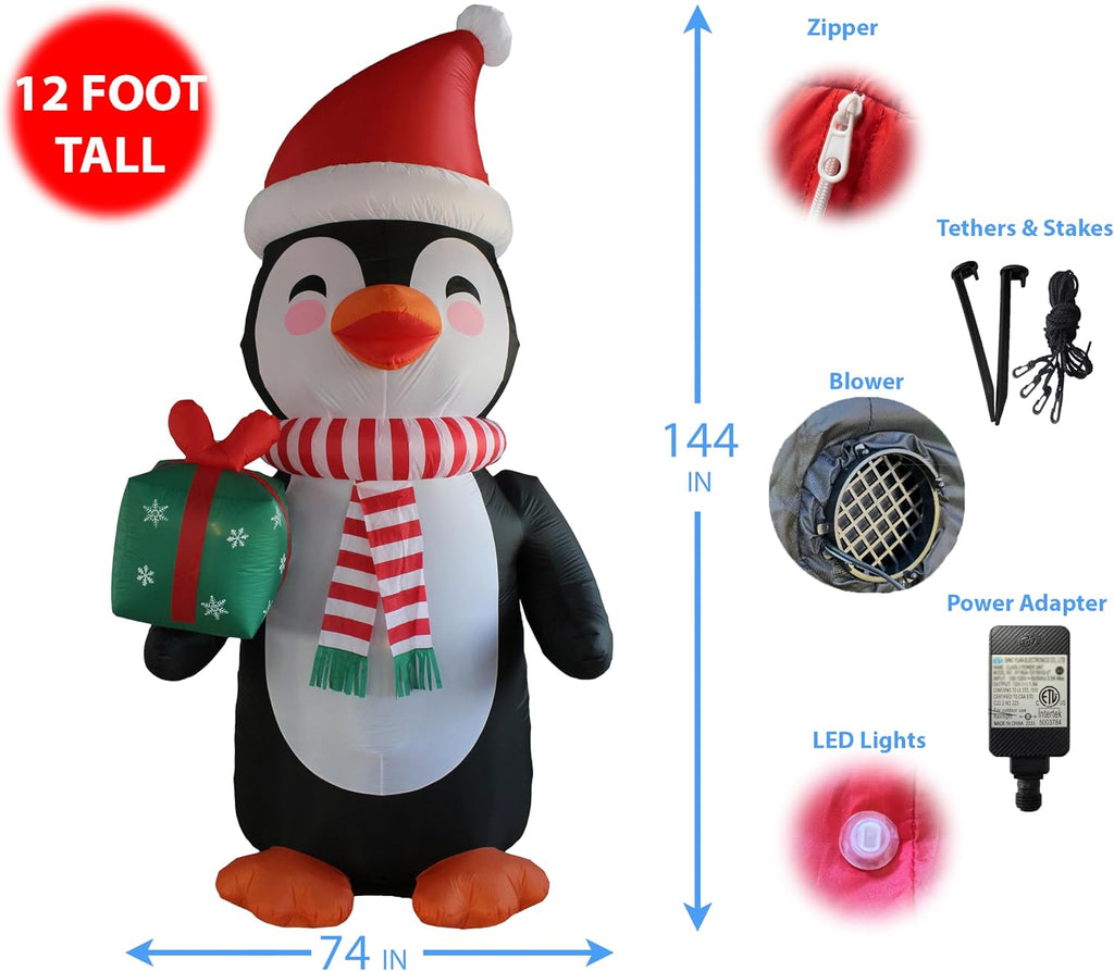 12 FT Tall Lighted Christmas Inflatable Happy Penguin