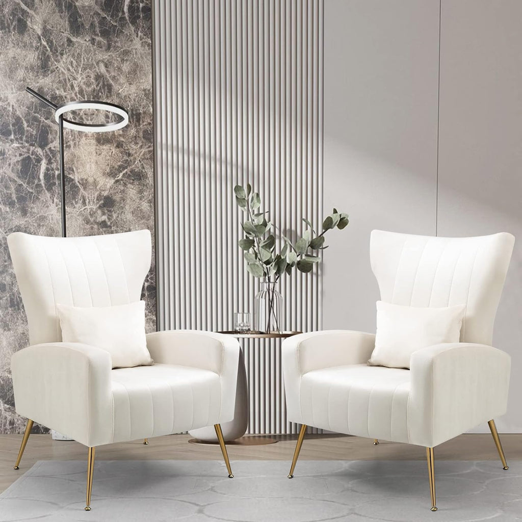 Velvet Accent Chair Bedroom, Modern Arm Chair with Wingback & Gold Metal Legs, Lumbar Pillow Included, White