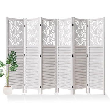 Folding Room Divider, 66.9 Inch 6 Panels Wood Carved Privacy Screens, Free Assembled Freestanding Portable Separation