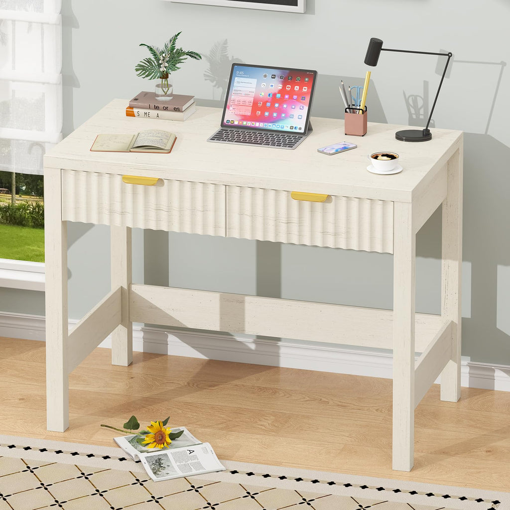 32 Inch Small Fluted Computer Desk with 2 Drawers