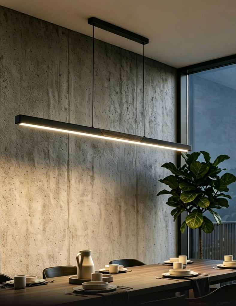 94′′ Black Linear Pendant Light - Dimmable High Output LED, Modern Black Finish with Walnut Wood Grain Accent, 8ft
