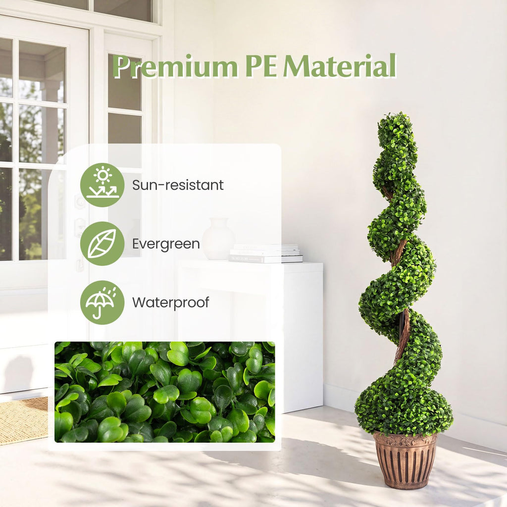 4 Ft Artificial Boxwood Spiral Topiary Tree, Fake Greenery Plants, Leaves & Cement-Filled Plastic Flower Pot