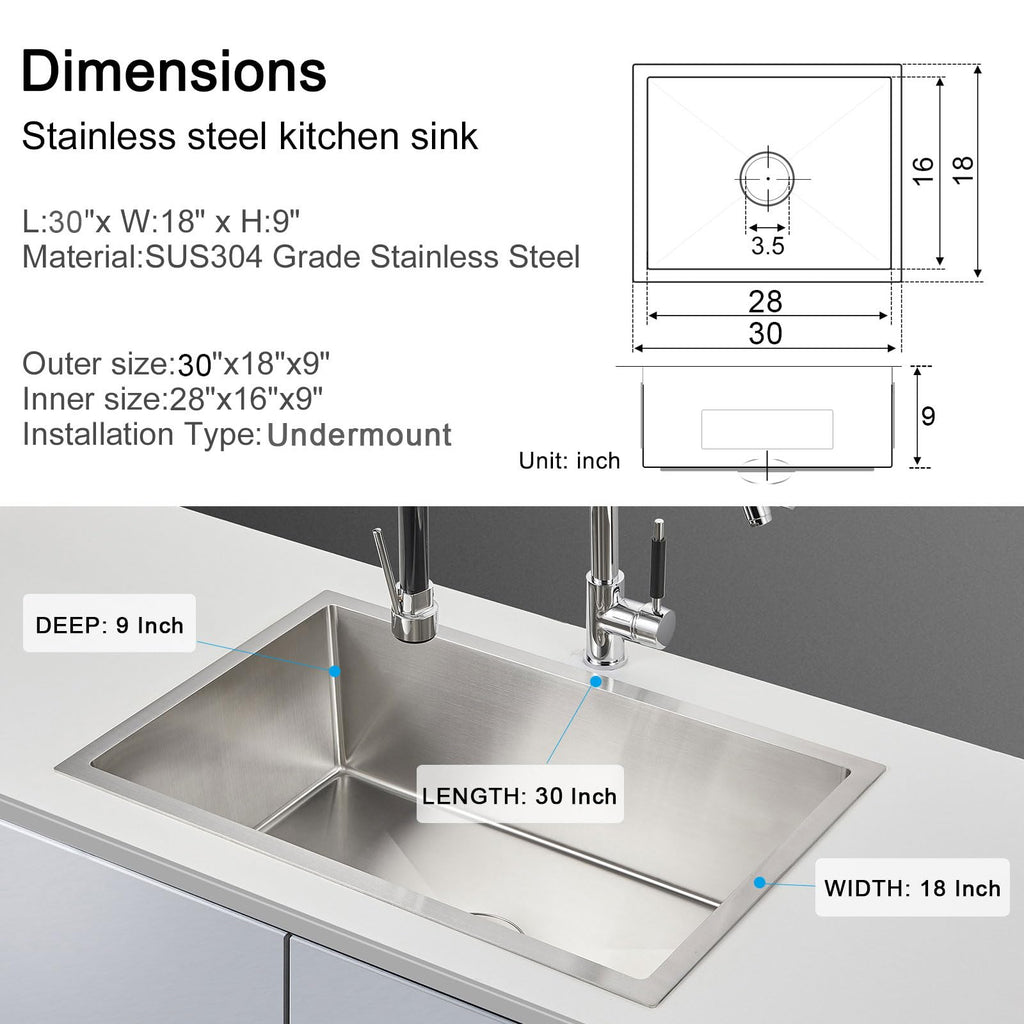 28"x18" Undermount Single Bowl 304 Stainless Steel