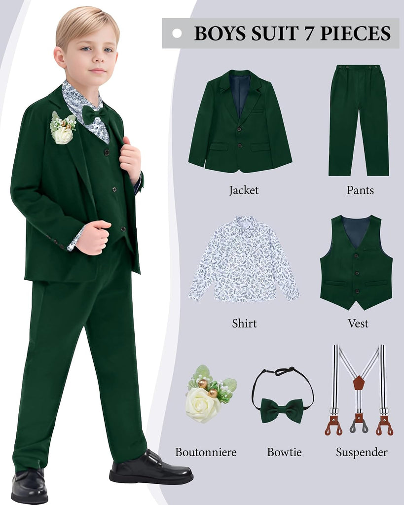 Boy Suit Tuxedos Wedding Formal Kid Outfits 7Pcs Dress Shirt with Bowtie Vest Jacket Boutonniere Suspender Pants Set