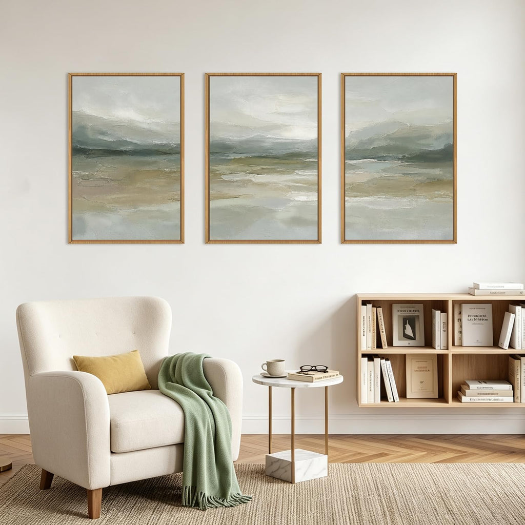 Sage Green Abstract Wall Art Framed Neutral Artwork Landscape Print