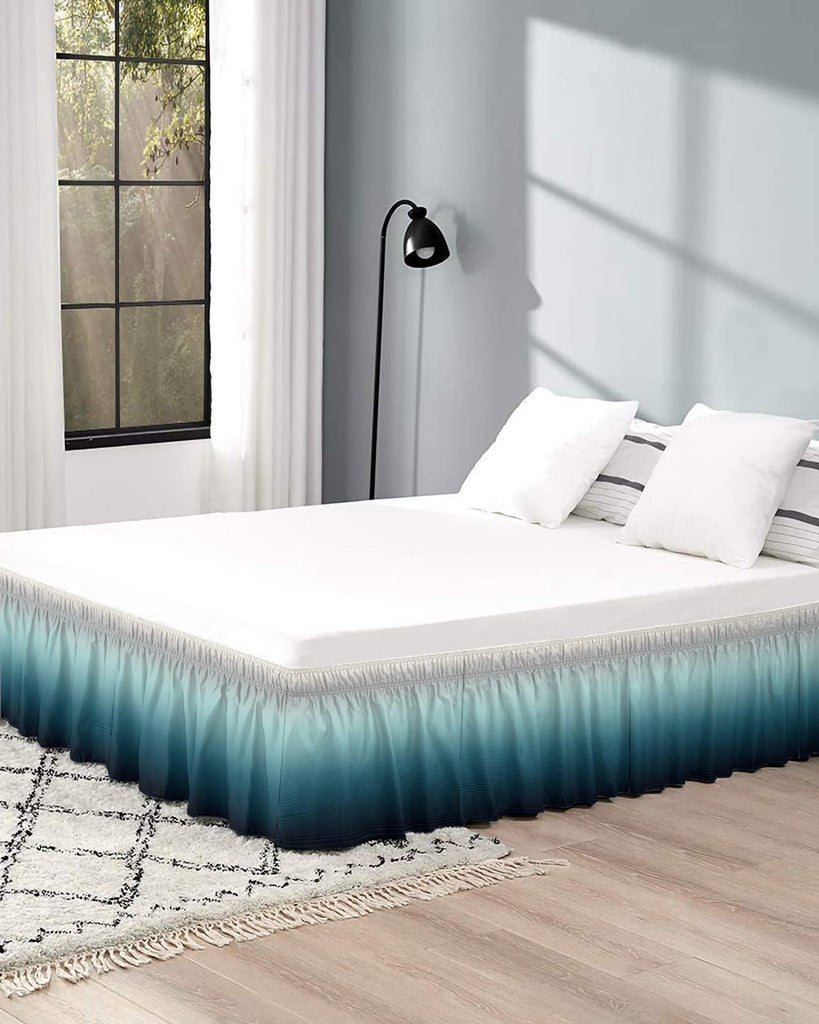 Gradient Turquoise Bed Skirt Queen Size 18 Inch Drop, Adjustable & Elastic Wrap Around Bed Skirts Pleated Luxury Dust