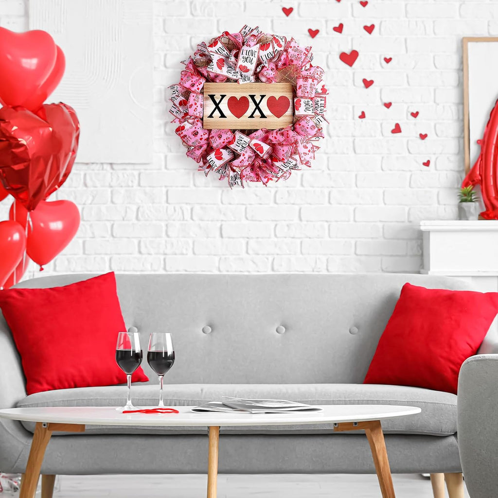 Valentine Wreaths 16 Inch Valentine's Day Wreath for Front Door Heart XOXO Pink Ribbon Mesh Decorations for Wall