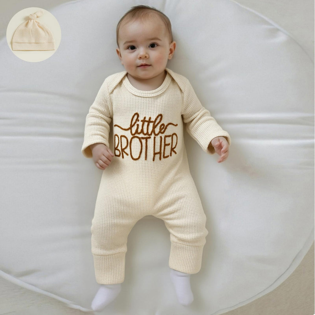 Newborn Baby Boy Fall Outfit Romper Little Brother Lil Bro Long Sleeve Jumpsuit Bodysuit Infant Winter Waffle Clothes