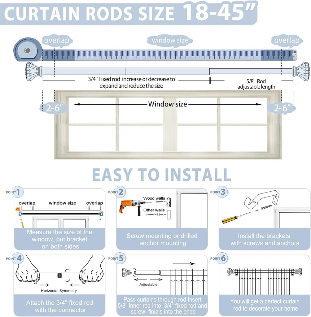 Gold Decorative Crystal Curtain Rods 18 to 45 Inch:Heavy Duty Adjustable Window Curtains Rods for Living Room Bedroom