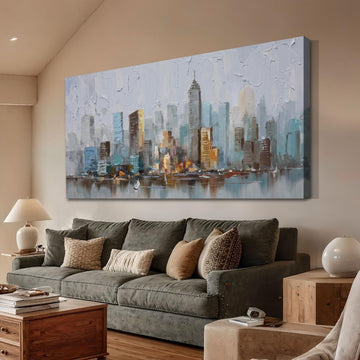 Abstract Cityscape Canvas Wall Art New York City Painting Modern Skyline Colorful NYC Grey Blue Picture, Large