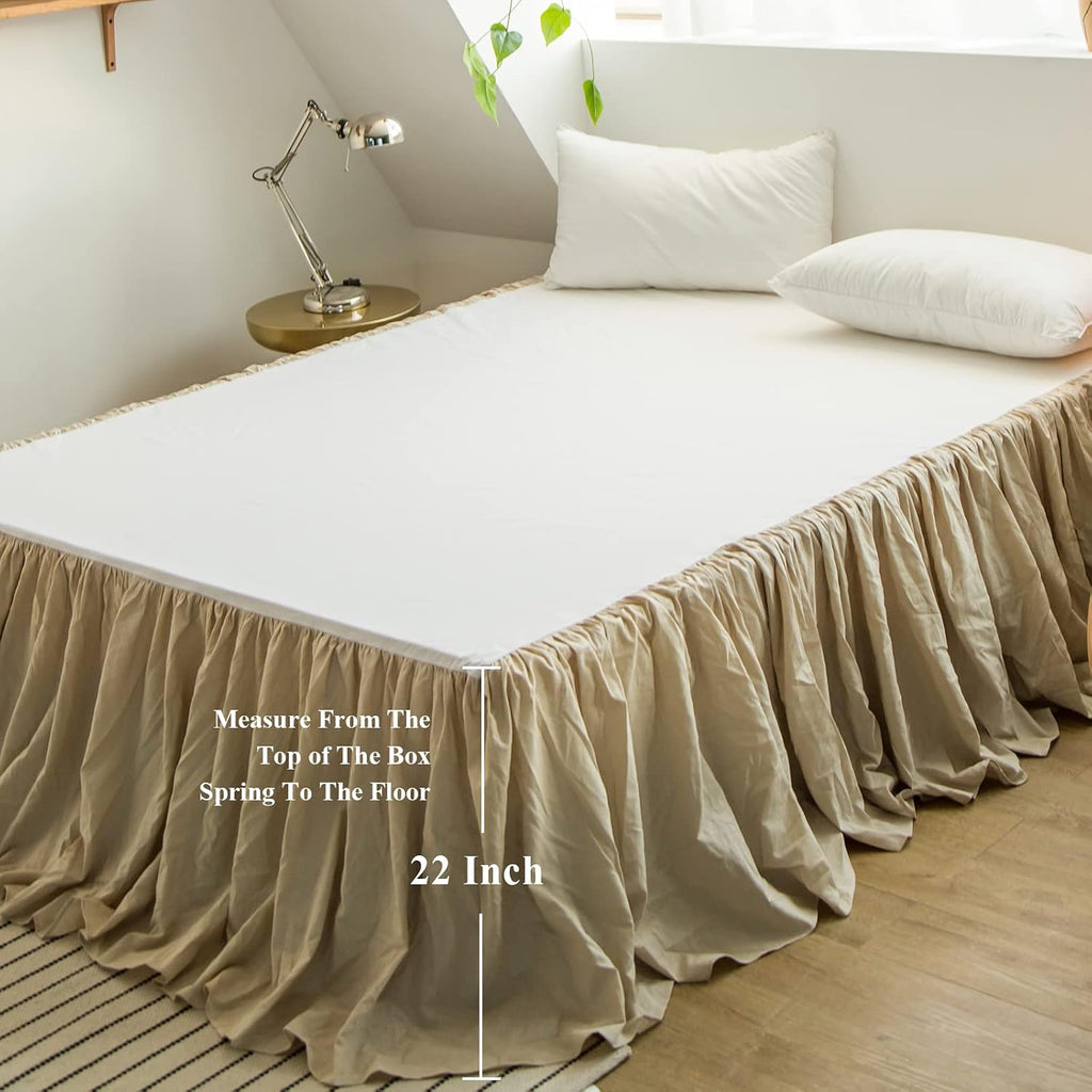 French Linen Bed Skirt with Pleated Frills 22-Inch Tailored Drop Natural Flax Cotton Blend Dust Ruffle Soft Cozy