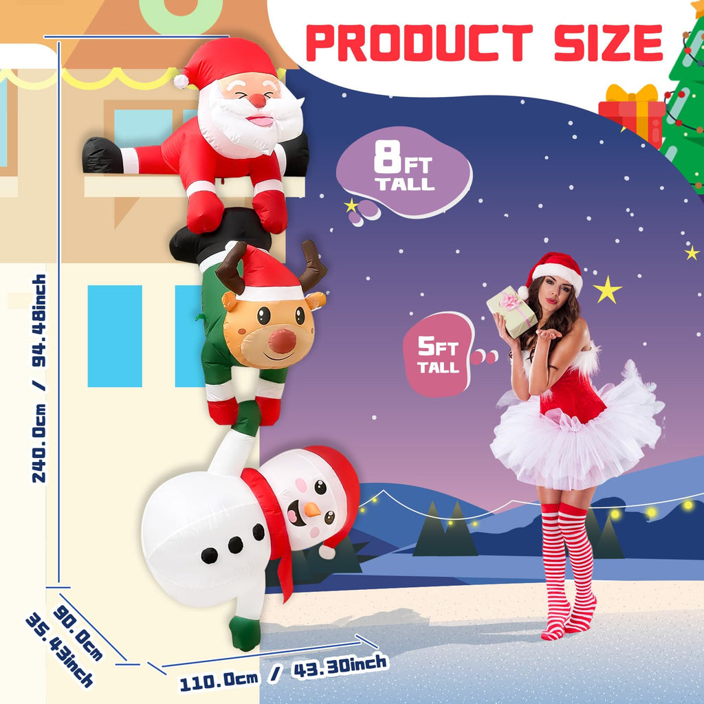 8FT Christmas Inflatables Outdoor, Hanging Santa with Reindeer Roof Decor