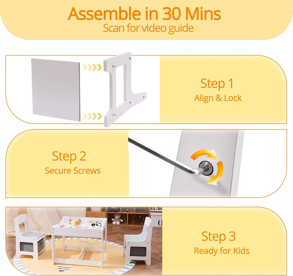 Wood Toddler Table and Chair Set, Kids Activity Desk, White Gray